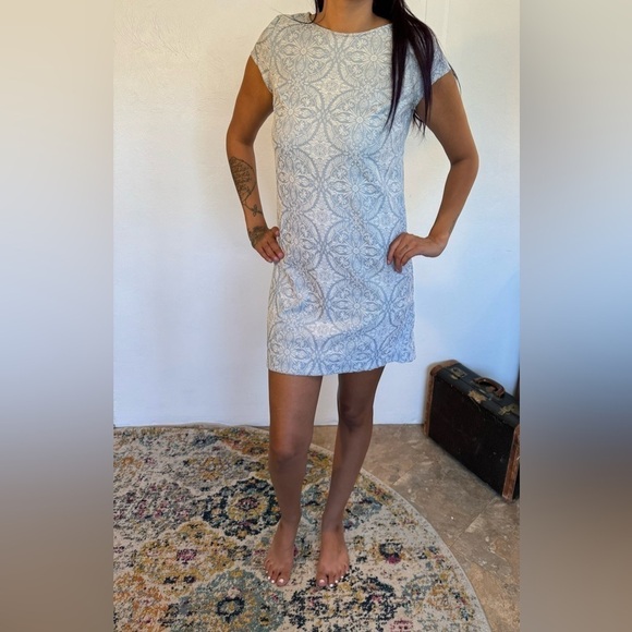 XS Halogen embroidered short sleeve blue and white, detailed zipper back dress - Picture 5 of 15